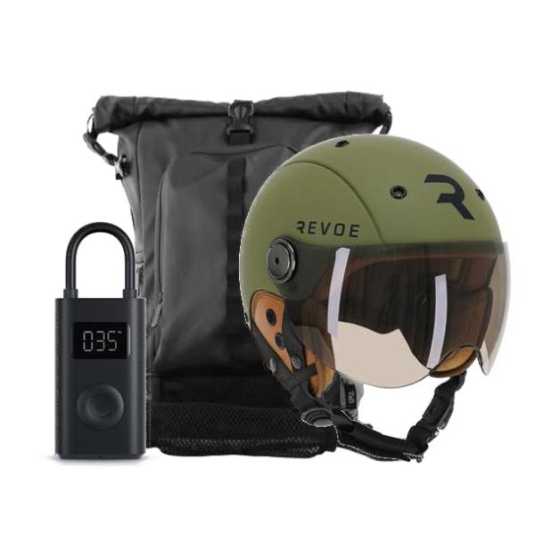 Un cadenas, un casque de la marque REVOE et un sac a dos