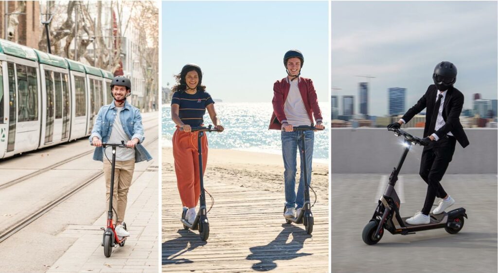 Un homme équipé d'un casque se rend au travail avec sa trottinette en roulant à côté d'un tramway, un couple fait une balade loisir au bord de la de mer avec leurs trottinettes électriques et un homme avec un casque intégral utilise une trottinette électrique sportive