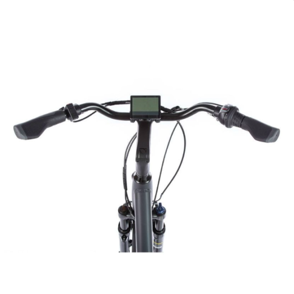Vélo LEADER FOX PRAK noir vu du guidon avec son écran électronique